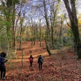Escursionisti lungo un sentiero naturalistico tra i faggi della Foresta Umbra