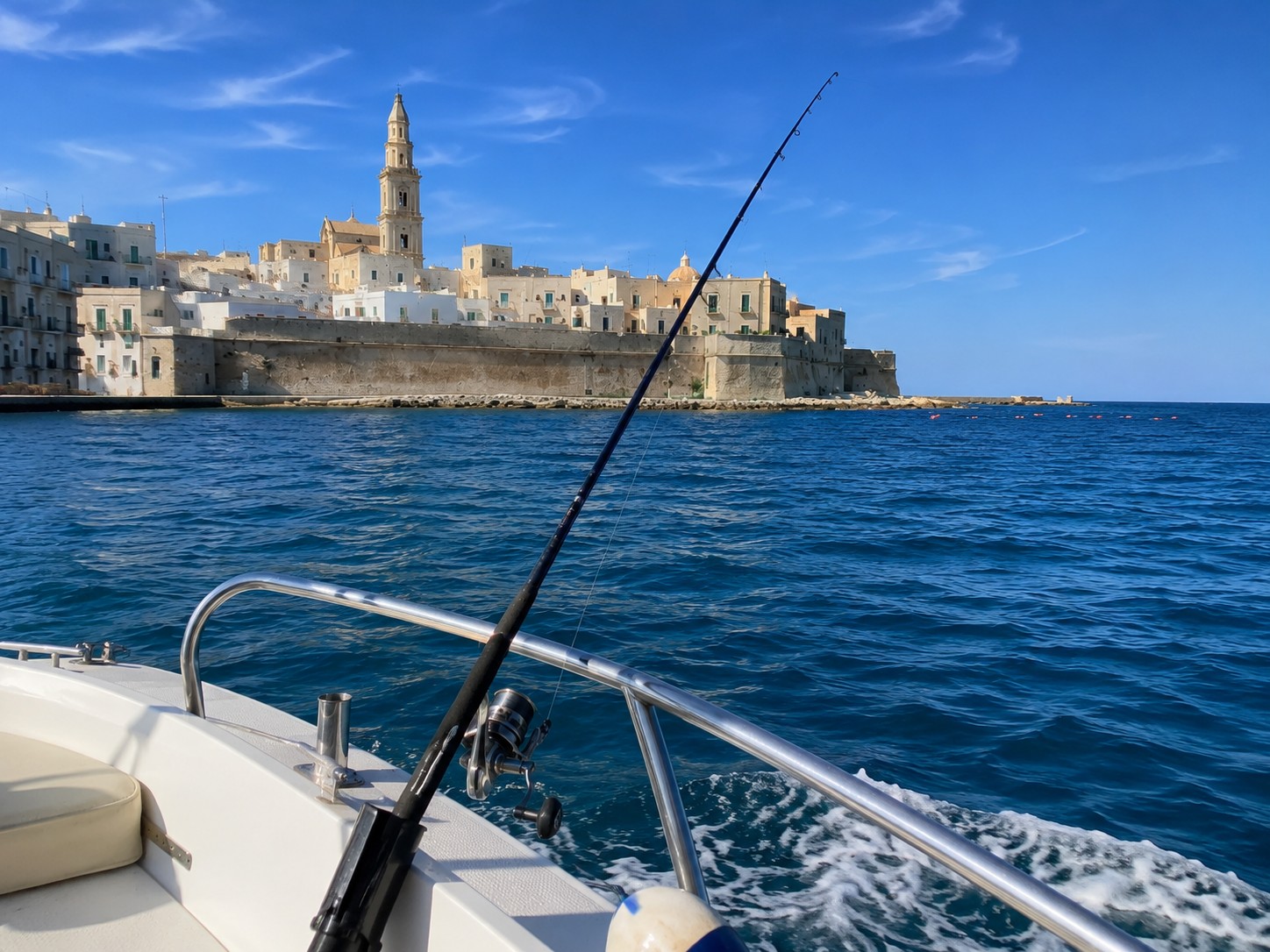 Escursione di pesca in mare in Puglia con vista sulla costa adriatica